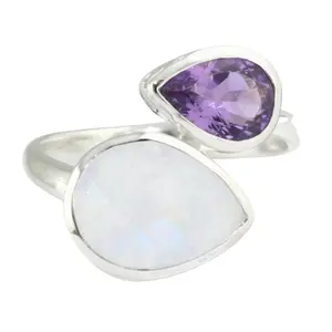 Sterling Silver Rainbow Moonstone and Amethyst Pear ByPass Ring