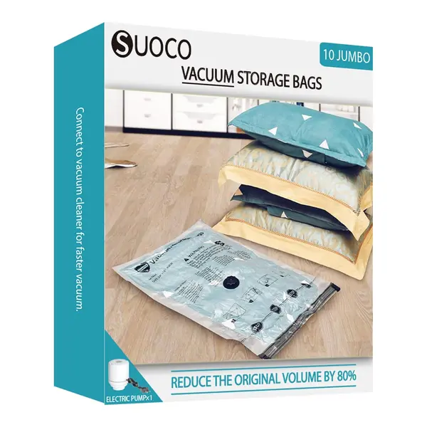 SUOCO Reusable Rectangular Plastic Vacuum Bags for Travel & Home Storage, 10-Jumbo Multi-Size Space Saver Set with Cordless USB-Rechargeable Handheld Electric Pump for Clothing, Blankets, Comforters, Pillows