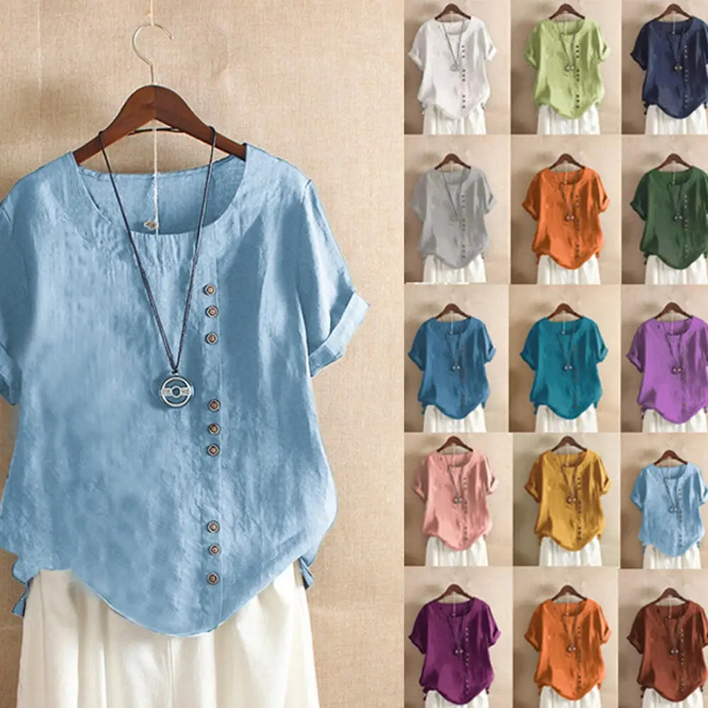 Women's Cotton-Linen Round Neck Short-Sleeve Casual Button Blouse - Solid Everyday Tops, 18 Colors, S-5XL Sizes, Summer Polyester Shirts, Womenswear