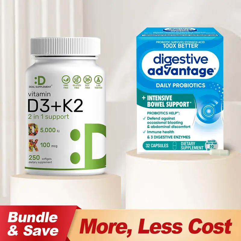 DA Daily Probiotics Intensive Bowel Support + DEAL SUPPLEMENT Vitamin D3&K2 BUNDLE | Bones, Digestive System, Immune System | 32 Probiotics Capsules and 250 D3K2 Veggie Capsules Combined