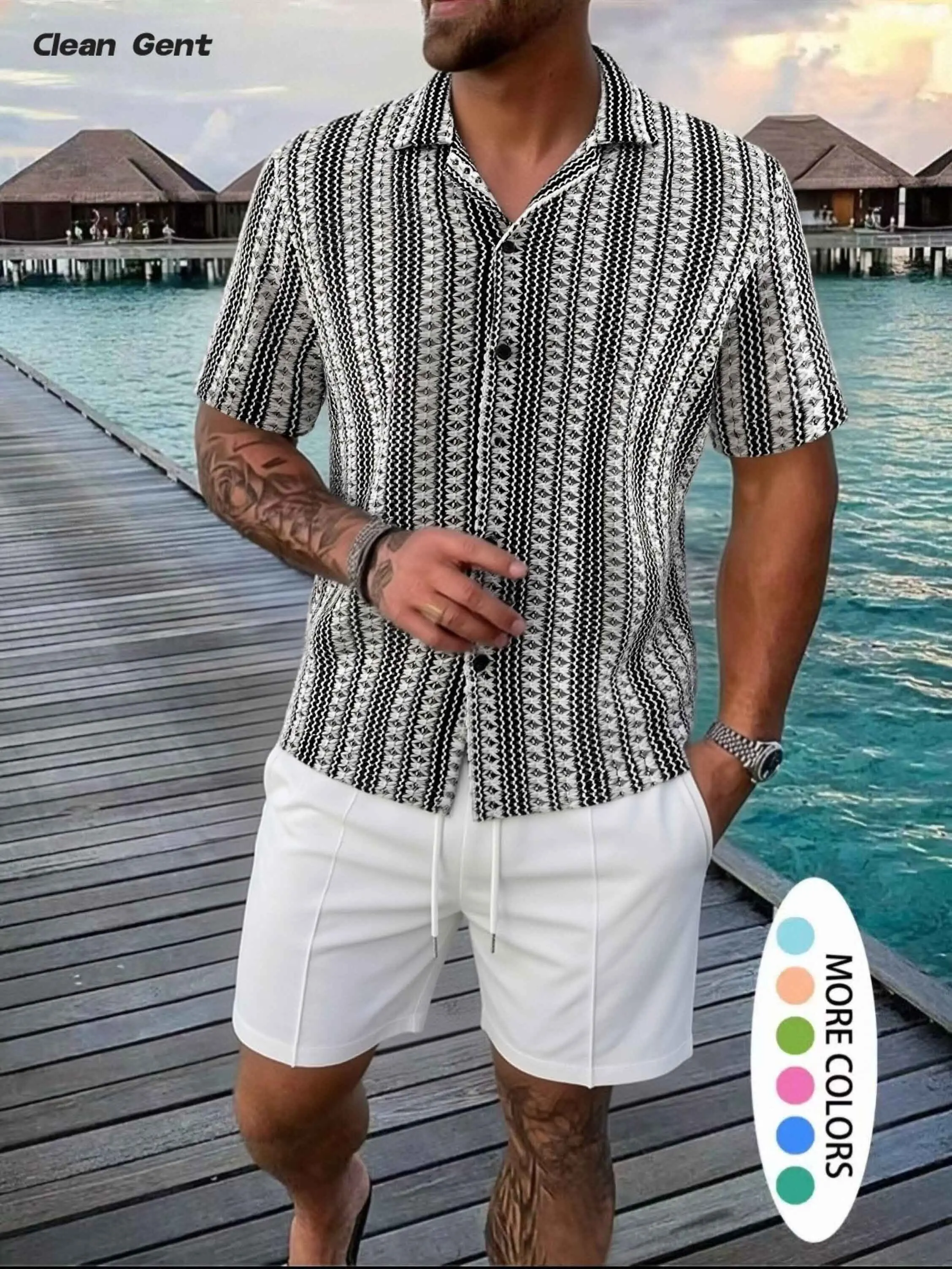 Men’s knit two-piece set: short-sleeve top + shorts. Fashionable summer outfit suitable for men’s spring and summer wear. Soft textured knit loose T-shirt paired with loose athletic shorts. Casual summer styling—breathable, skin-friendly, comfortable, and
