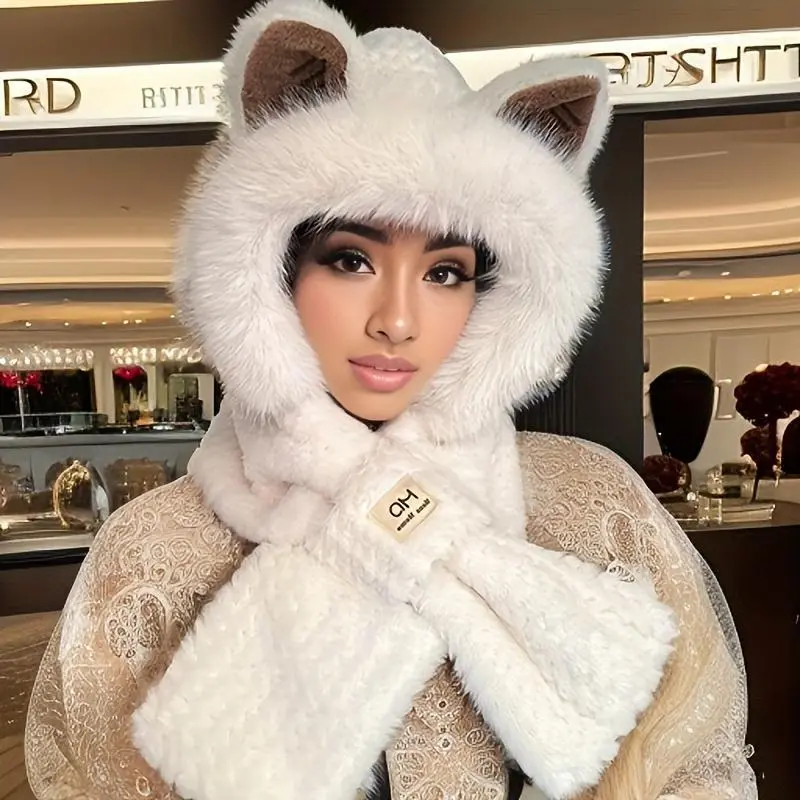 Unisex Plush Thick Upgraded Winter Hooded Scarf Hat with Cartoon Ears, Solid Color Cozy Hood-Scarf, Neck-to-Head Wrap Neck Warmer for Women, Soft Sports & Outdoor Accessory, Unisex Clothes, Playful, Extra Warmth