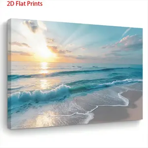 2D canvas art, 2D canvas art, 2D canvas art. 1-piece wooden framed canvas artwork, depicting a tranquil ocean sunrise, perfect for hanging as wall decoration in the living room or bedroom