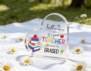 Heart Shaped Acrylic Teacher Appreciation Gift, The Influence of a Great Teacher Can Never Be Erased Desk Decor, Thank You Teacher Gifts for Women Men, Teacher Retirement Graduation Gifts, Classroom Office Decor Acrylic Plaque