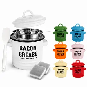 46oz Large Capacity Vintage Enamel Bacon Grease Container with Fine‑Mesh Strainer Silicone Spoon & Cleaning Sponges, Food‑Safe Rust‑Proof Oil Storage Pot, Easy‑Clean Retro Kitchen Must‑Have for Bacon Lovers & Home Cooks filter kitchen utensil bbq