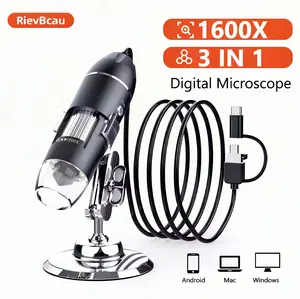 1600X 3-in-1 Type-C USB Professional Digital Microscope Set - Metal Stand, 8 Dimmable LEDs, Endoscope, Compact Size, Convenient Portability, Webcam for Kids' Hobby Exploration with After-Sales Service