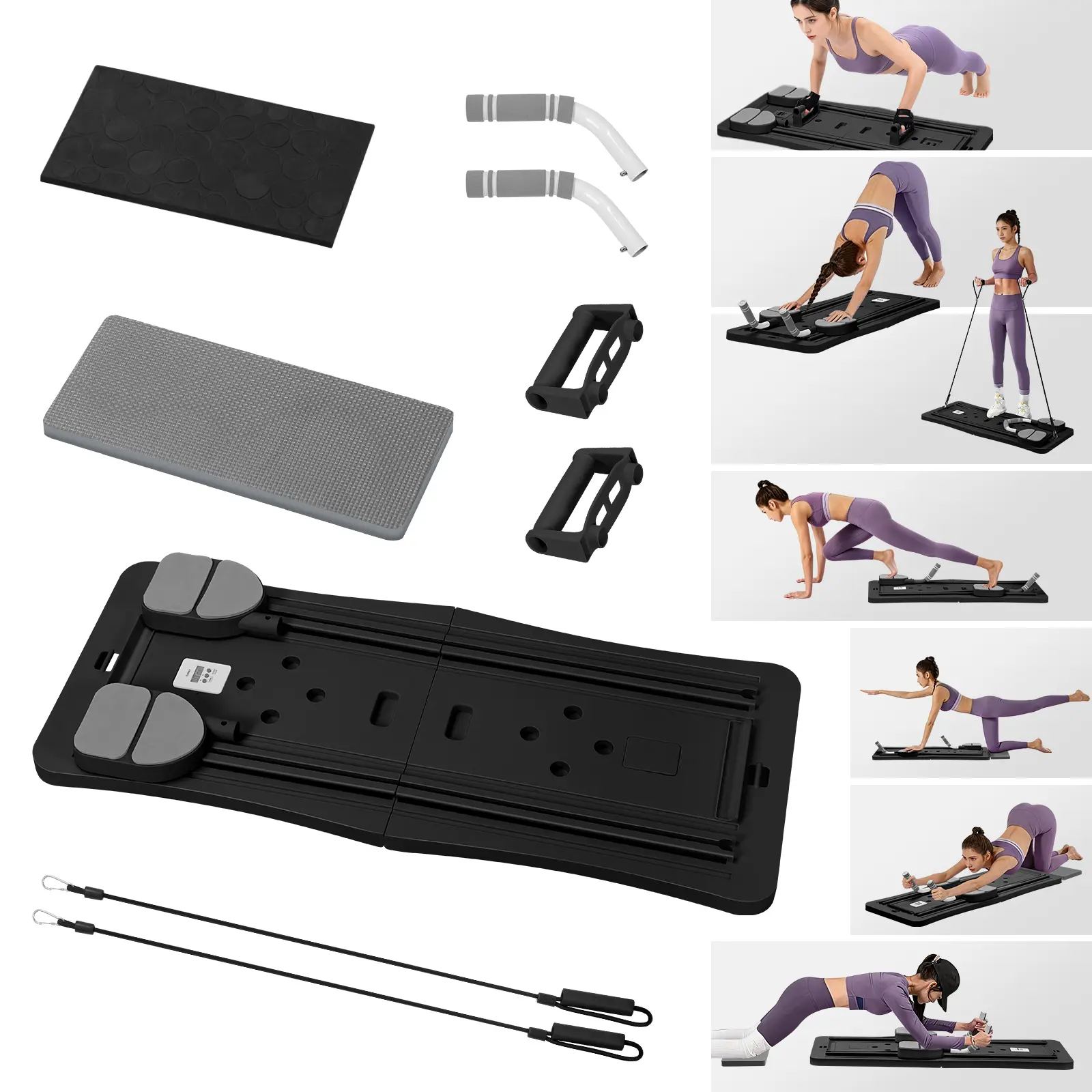 Foldable Auto Rebound Plank Trainer Multifunctional Pilates Reformer Board with Extended Slide Rail & Built-in Timer, Non-Slip Compact Home Core Trainer for Full Body Abs Sculpting Workout