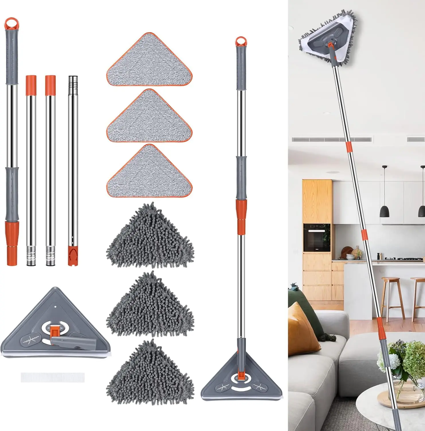 360-Degree Spin Triangle Mop Wall Washer Kit, Deep Cleaning Set for Renters/Car Users, Telescopic Stainless Steel Long Handle, Reusable Chenille Duster & Microfiber Refill Heads, No-Ladder Multi-Surface Cleaner