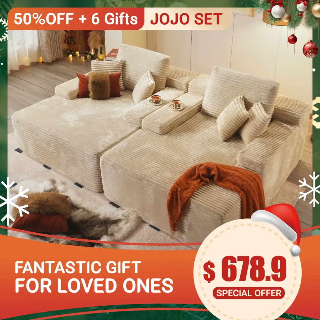 【2 Packages Shipping】Ovios 98''W Boneless Chaise Lounge Set, Upholstered Sofa Bed with Throw Pillows and Armrests, Indoor Sleeper Couch- Luxurious Plush Corduroy Chair Bed for Living Room - No Assembly Required