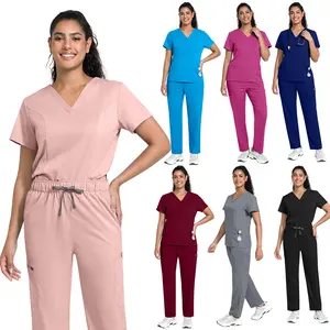 Scrubs for Women - Mock Wrap Top & Straight Leg Pants with 6 Pockets, Back Princess Seams, Soft Fabric