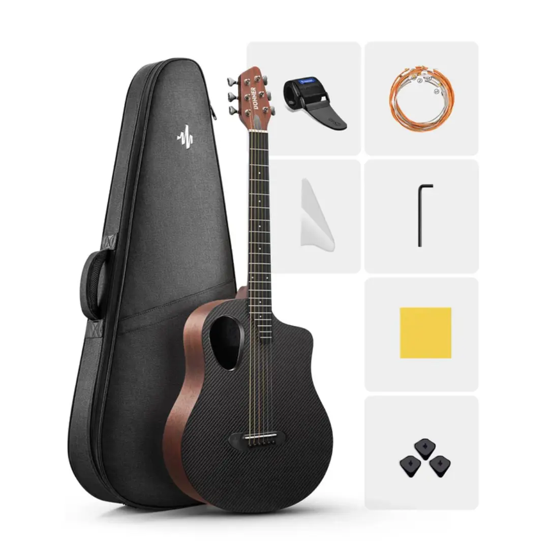 Donner RISING-G1 38-inch Carbon Fiber Wood Acoustic Travel Guitar, Compact for Camping, Road Trip