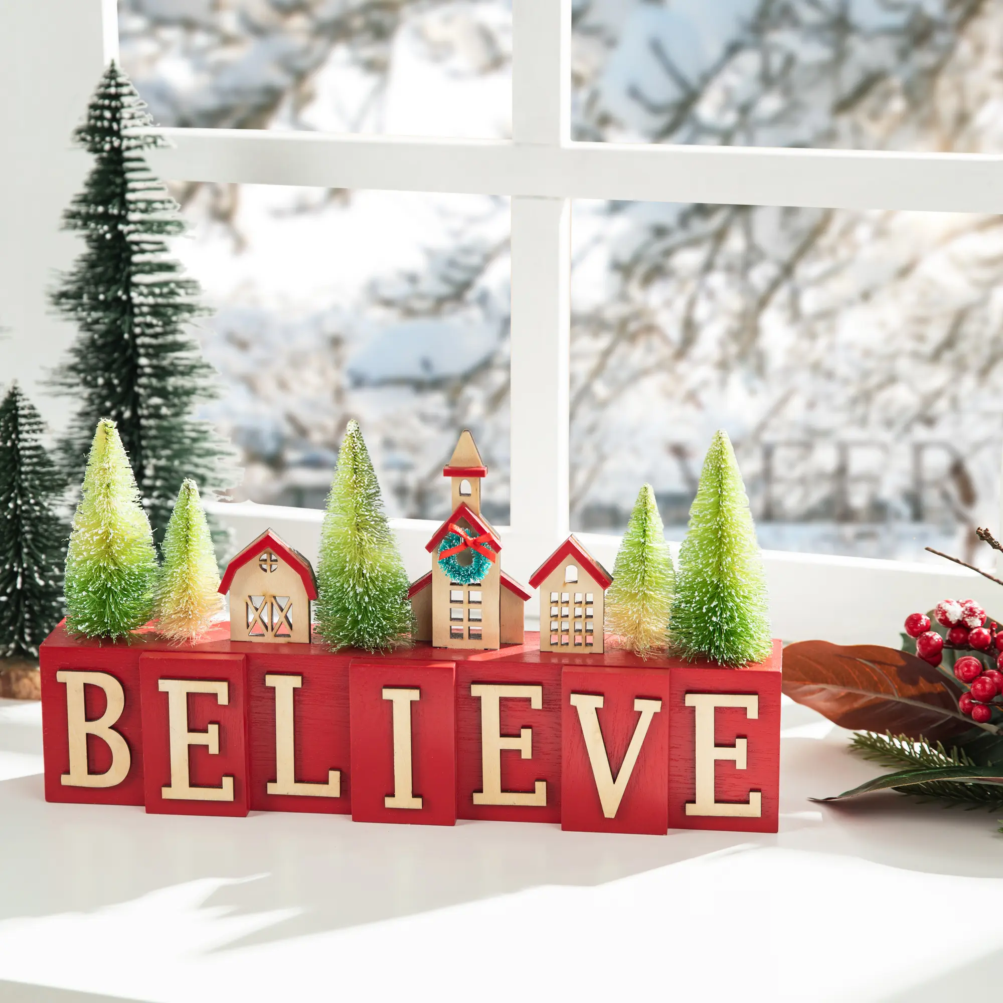 Glitzhome 14-in Modern Christmas Wooden House & Brush Trees Table Decor - Irregular House Decor with Buildings, Churches, Terrain & Scenery for Indoor Holiday Spirit Displays