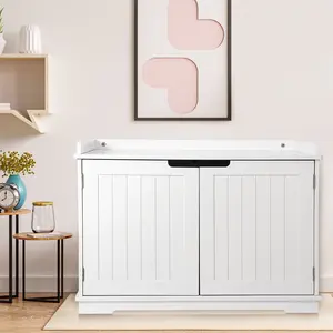 SUPERDEAL Double Door Hidden Cat Litter Box Enclosure Storage Cabinet MDF Frame Cat House Home Enclosed, White