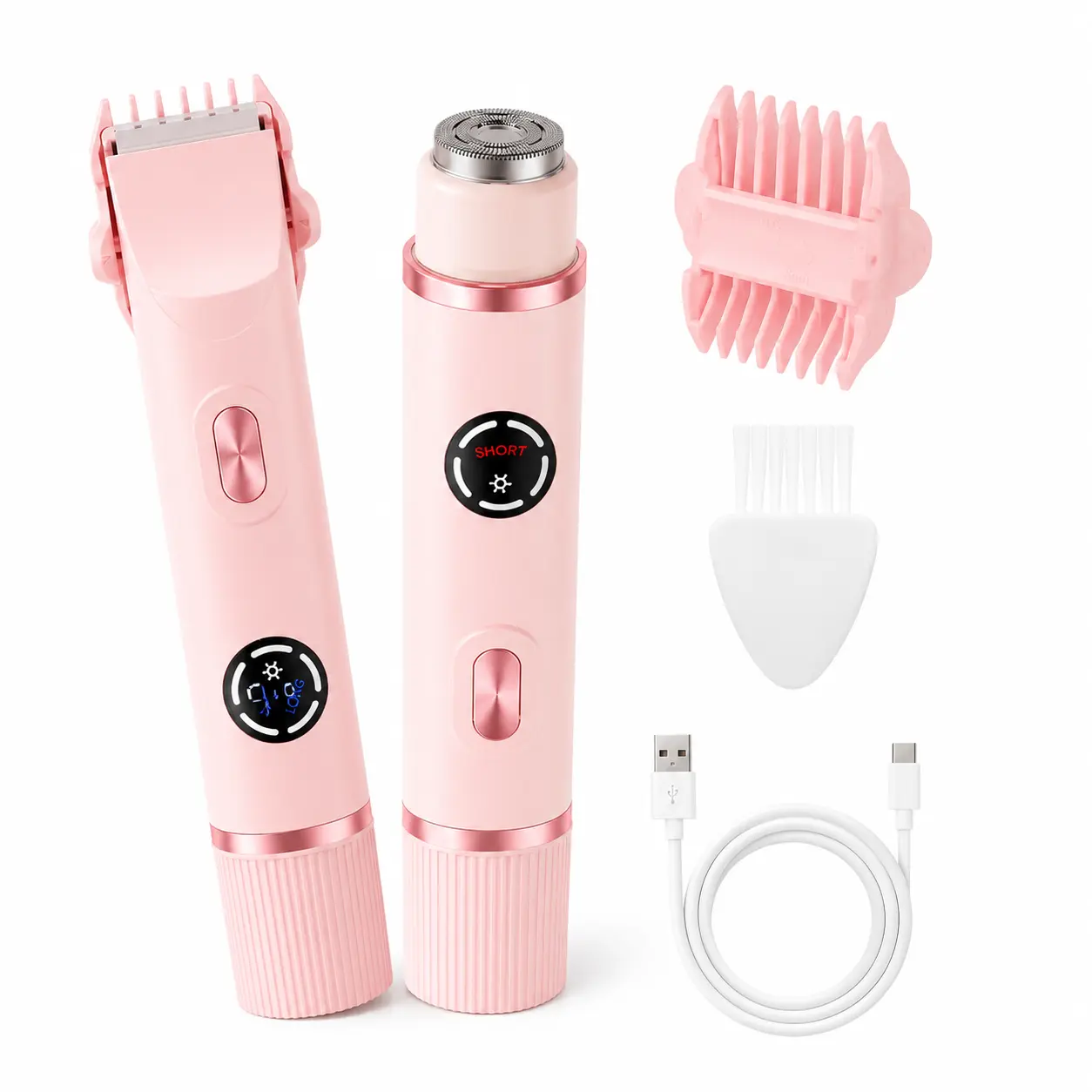 2-in-1 Women's Electric Shaver, Portable Painless Hair Trimmer with LED Display, USB-C Rechargeable Waterproof Body Groomer for Bikini Legs & Underarms, Pink Razor Kit
