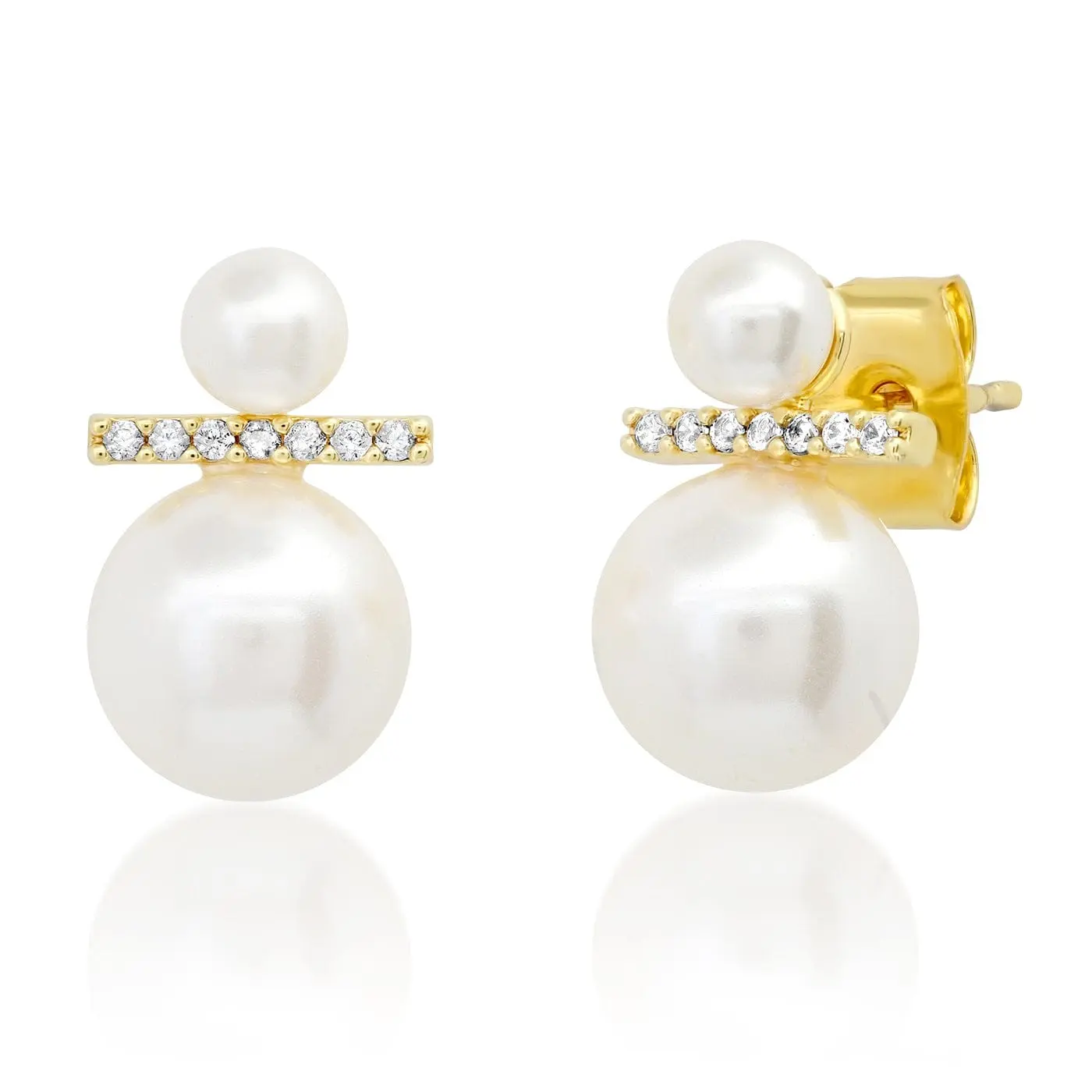 Double Swarovski Pearl and CZ Modern Stud