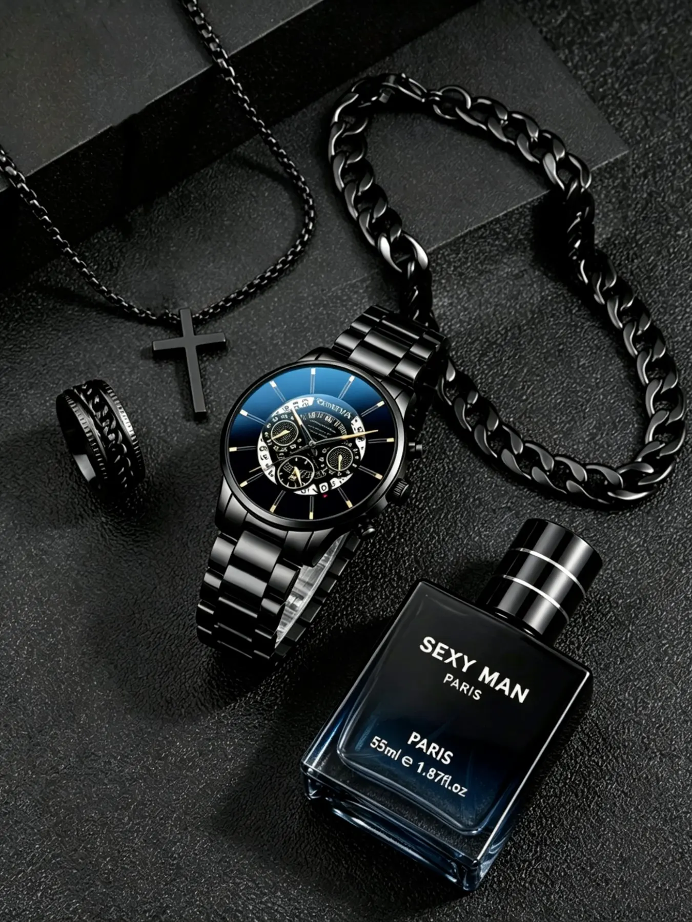 Men's Fashion Watch Set with Perfume, Bracelet, Necklace and Ring, Hollow Calendar Quartz Analog Watch, Elegant Gentleman Accessories, Casual Trendy Wristwatch