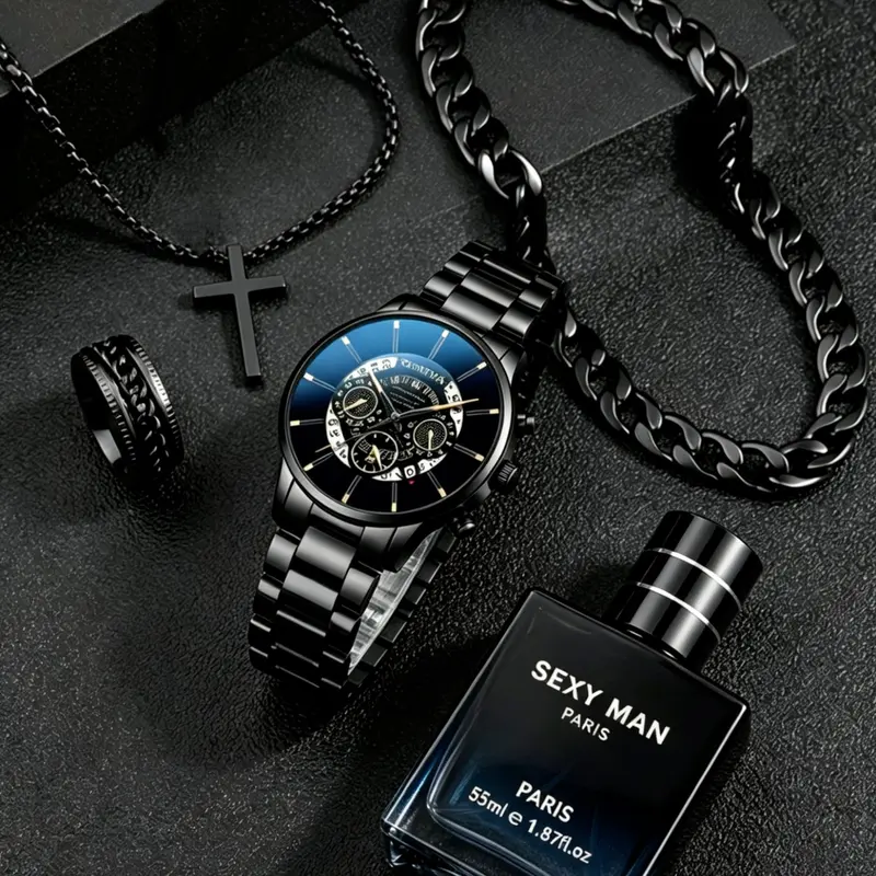 Men's Fashion with Perfume, Bracelet, Necklace and Ring, Hollow Calendar Quartz Analog Watch, Elegant Gentleman Accessories, Casual Trendy Wristwatch, Watch Gift Set