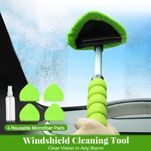 Windshield Cleaning Tool, Microfiber Car Window Cleaner with 3 Reusable and Washable Microfiber Pads and Extendable Handle