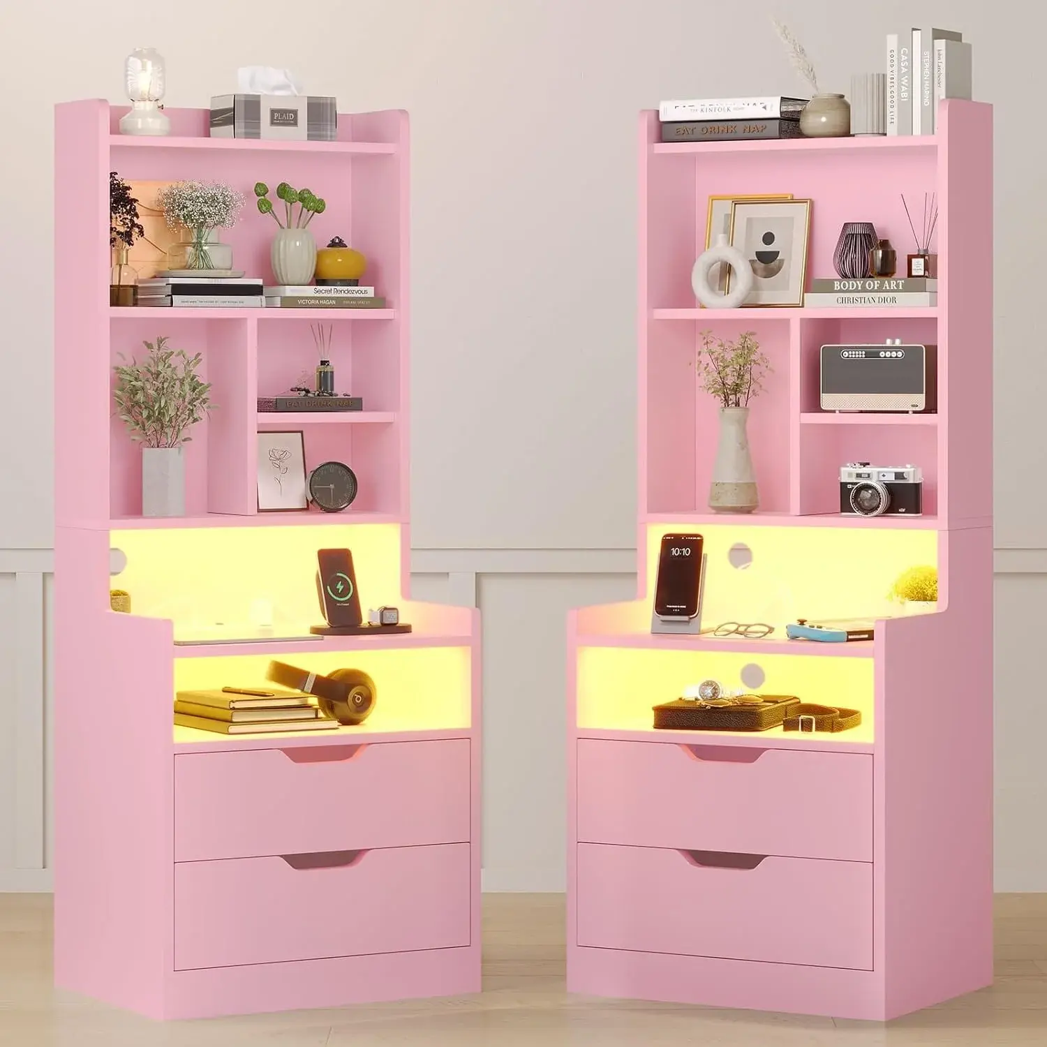 SIKAIC 2-Piece Blush Pink Tall LED Modern Bedside Tables (Nightstands) with Bookshelf, Charging Station, USB Ports, Storage, Book Nook, Clean Aesthetic for Bedroom Small Room Ideas, Modern Bedside Table, Tall Shelf Storage