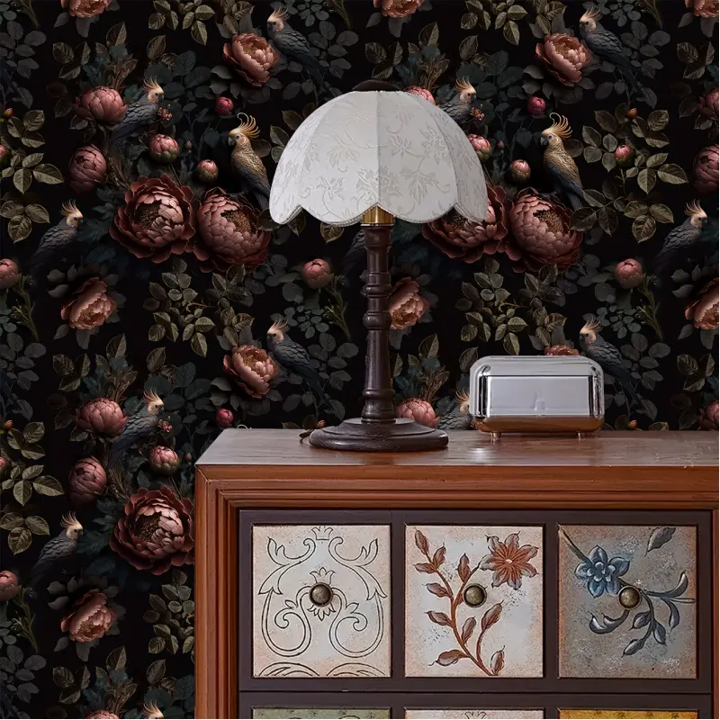 1 Roll 17.3 x 118/394 Inches Vintage Dark Floral Bird Self-Adhesive Wallpaper, Decorative Wallpaper, Black Background Red Peony and Bird Pattern, Peel and Stick Waterproof Removable Contact Paper, for home, cabinets, shelves decor