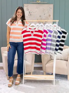 Zenana Striped Collared Short Sleeve Sweater | S-L