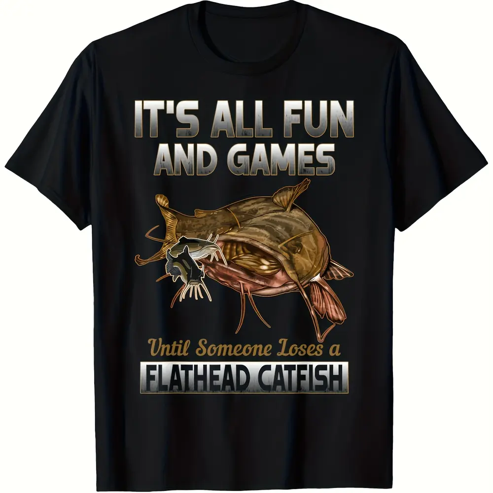 Men's Oversized Shortleeve Casual Classic Fishing T-Shirt with Flat Head Catfish Pattern - Breathable Menswear Fabric for Freshwater Fishing Enthusiasts, Ideal National Ice Cream Day Gift, Shortsleeve, Round Neck, Soft, Top