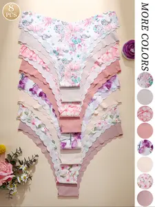 Women's Triangle Panties Set of 8, Seamless Underwear, Dreamy Floral Prints & Classic Solid Colors, V-Shape Waist Design, Wave Trim, Seamless Comfort Fabric