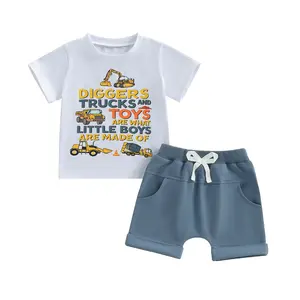 Toddler Baby Boy 2-Piece Cotton Blend Summer Casual Outfit - Short-Sleeve Truck Print T-Shirt, Soft Touch Solid-Color Shorts, 6M-3T