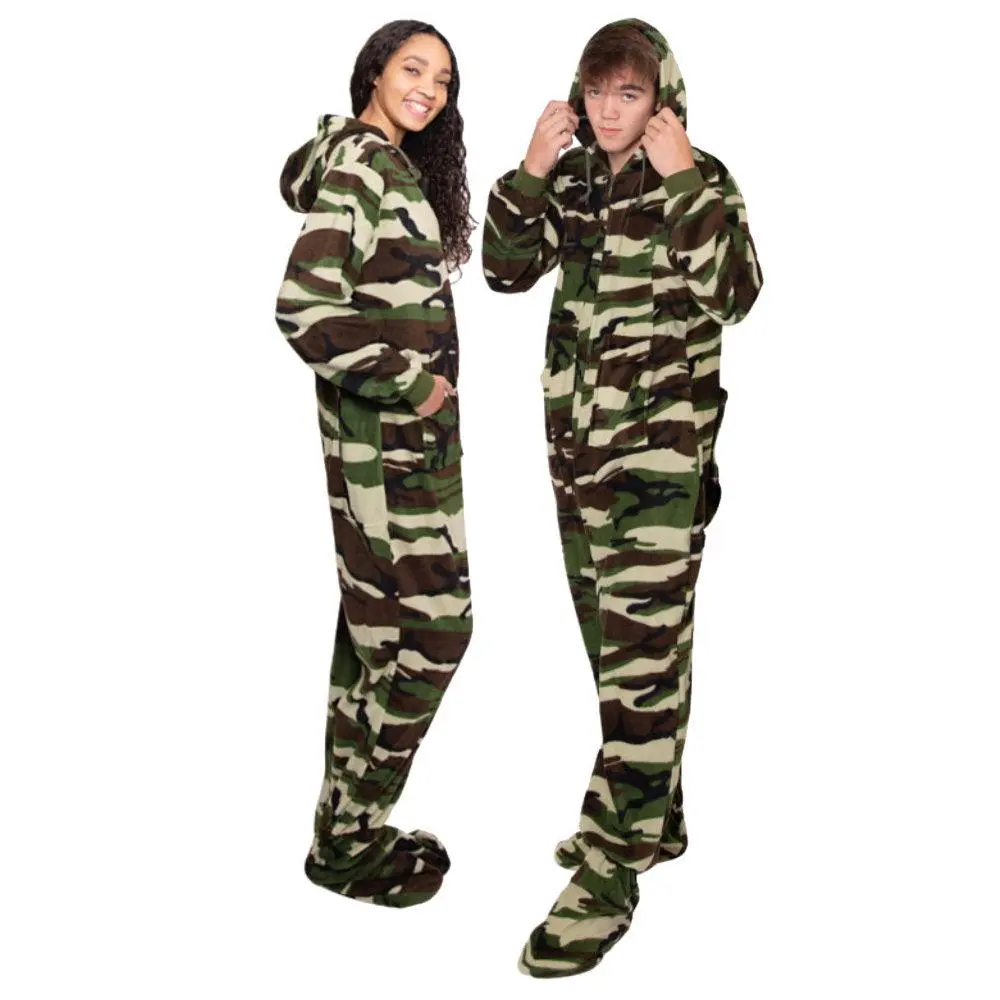 Hoodie Footed Onesie Camouflage Fleece Pajamas for Men