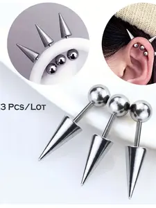 Punk Style Stainless Steel Spike Helix Stud Earrings, Spiked Earrings, Helix Stacking, 3pcs/lot, Devil Ear Stack Design, Unisex Body Piercing Jewelry Set