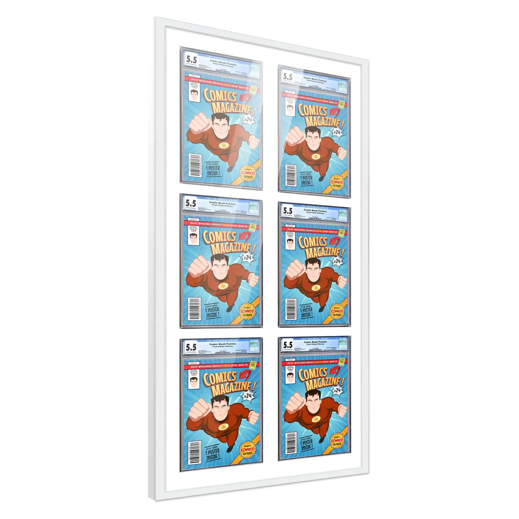 Comic Book Frame with Mat for 6 Graded Comics - White Wood Comic Frame With White Mat for 8.125x13 Comics - 20.75x44.5 Frame Size