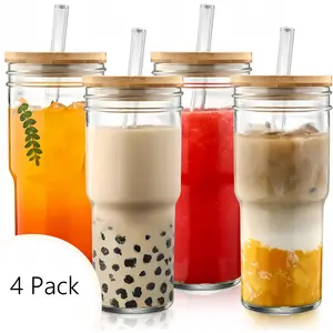 4 Pack Mason Jars with Lid and Straw 24 oz Iced Coffee Cup Bamboo Lid Reusable Glass Cups for Boba Smoothies Portable Drinkware Set Stock Up On Specials Stockpile VALUE Pack TikTokShopBlackFriday Christmas Gift Tableware Sets