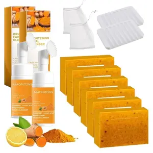 [TURMERIC&KOJIC]Turmeric Wash and Care tow Piece Set, Tuemeric Facial Cleanser & Turmeric Soap Combo, Turmeric Cleansing Mousse, Face Wash and Soap Bundle for Face & Body Deep Cleansing (2pc Turmeric Wash+6pc Soaps) Gifts for family