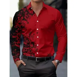 Men'S Fashion Print Shirt, Casual Polyester 100% Long Sleeve Button- Collared Shirt, Non-Stretch Woven Fabric, Regular Fit For Spring/Fall Season