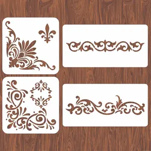 4PCS Corner Stencils for Painting Vintage Flower Border Stencil Large Square Lace Tile Stencil Reusable Damask Furniture Stencils for Wood Canvas Paper Fabric Floor DIY Craft