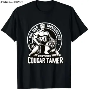 Women's Fitted Graphic T-Shirt - "Cougar Tamer" Funny Gag Humor Design, Cotton Short-Sleeve Streetwear Top, Made in USA Crewneck, Shortsleeve, Tshirt