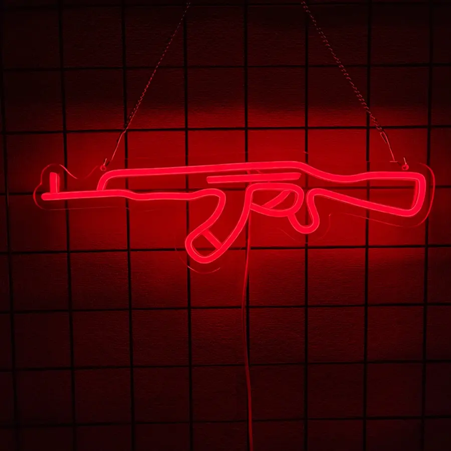 Gun Neon Sign, Neon Signs Night Light, Decorative Neon Light, Ambient Lighting, Fun Theme, 3D Wall Art & Game room Bedroom Living Room party Decor lamp for Children Kids Girls Boys
