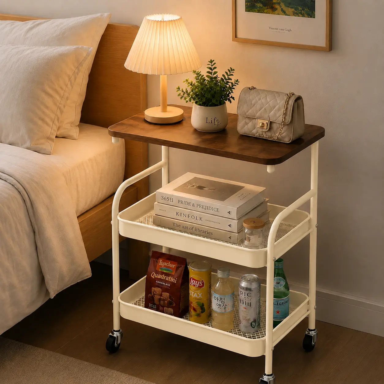 Metal 3-Tier Rolling Storage Cart With Wooden Tabletop, Multifunctional Mobile Utility Organizer Shelf With Wheels For Bedroom, Kitchen