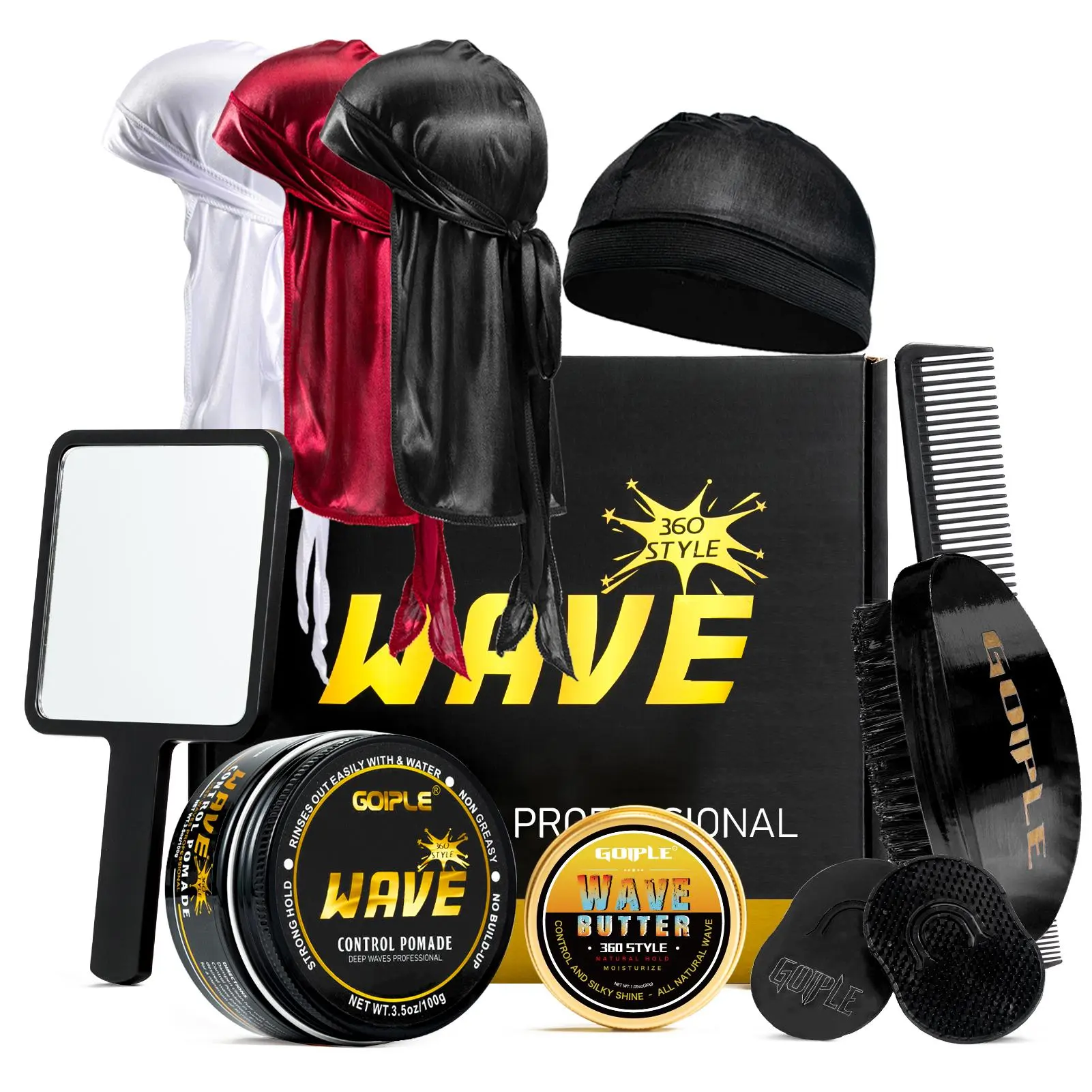 Strong Hold Wave Pomade Gel for Men - Easy Wash 360 Wave Cream, Moisturize , Silky Shine, Brush & Durag Cap Set Versatile Styling Haircare Nourishing FathersGift