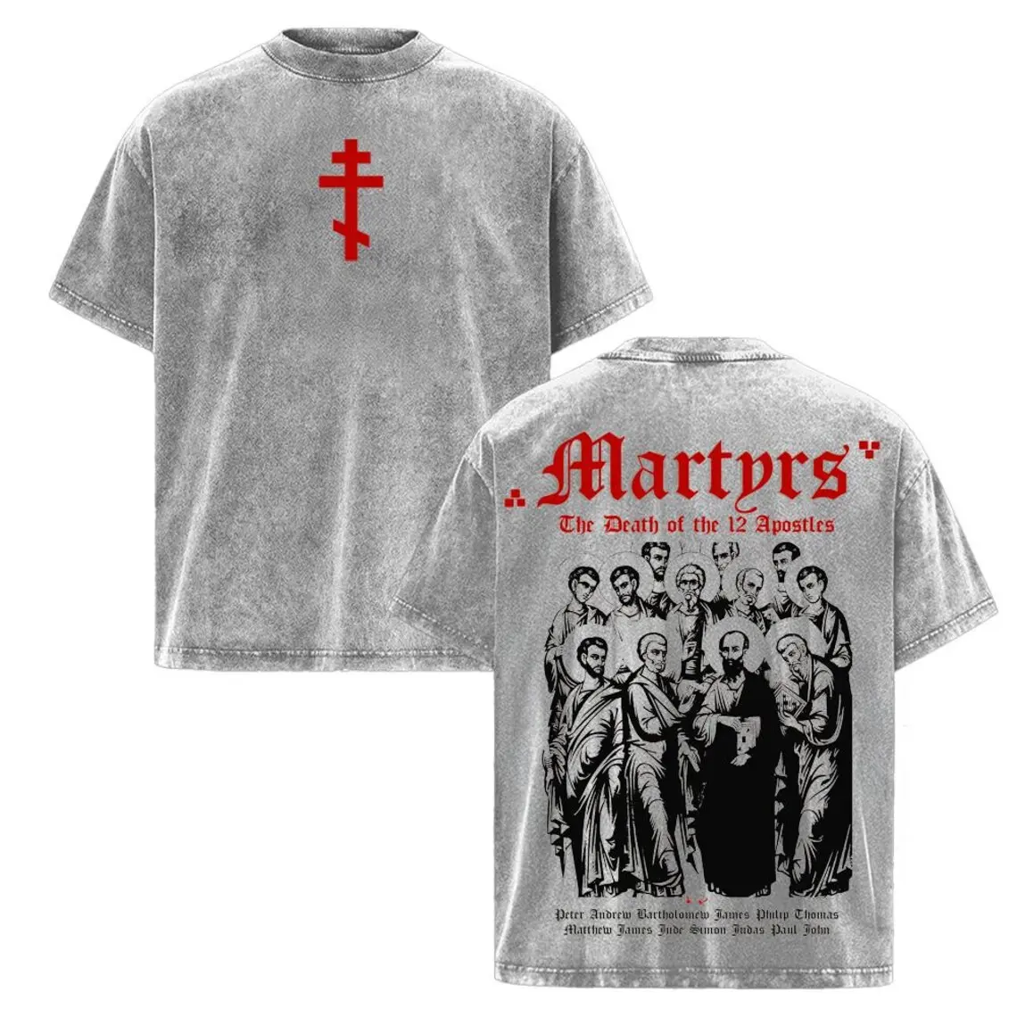 Men's 12 Apostles Martyrs Washed T-Shirt - Orthodox Christian Vintage Oversized Faith Tee, Classic Round Neck Shortsleeve Seamless Tops, Cotton