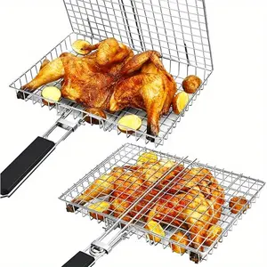 Stainless Steel Barbecue Basket with Handle, Portable Foldable Barbecue Net Rack, Multifunctional Barbecue Utensils for Outdoor Camping