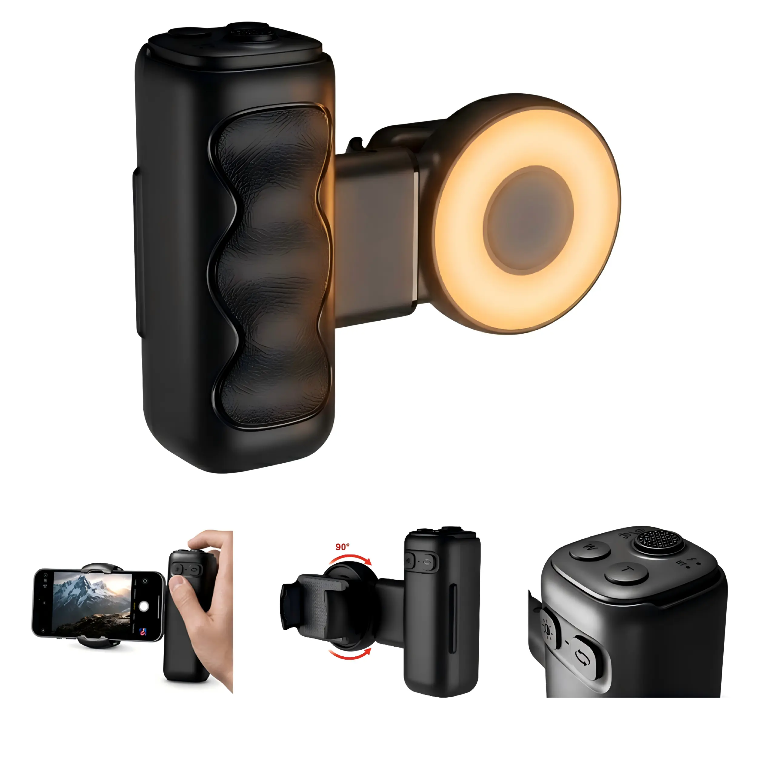 JOYYE Plastic Smartphone Camera Grip Accessory with LED Fill Light, 90° Rotating Clip Mount, BT Remote Shutter, Tripod-Ready Holder for Selfies, Phone Videography