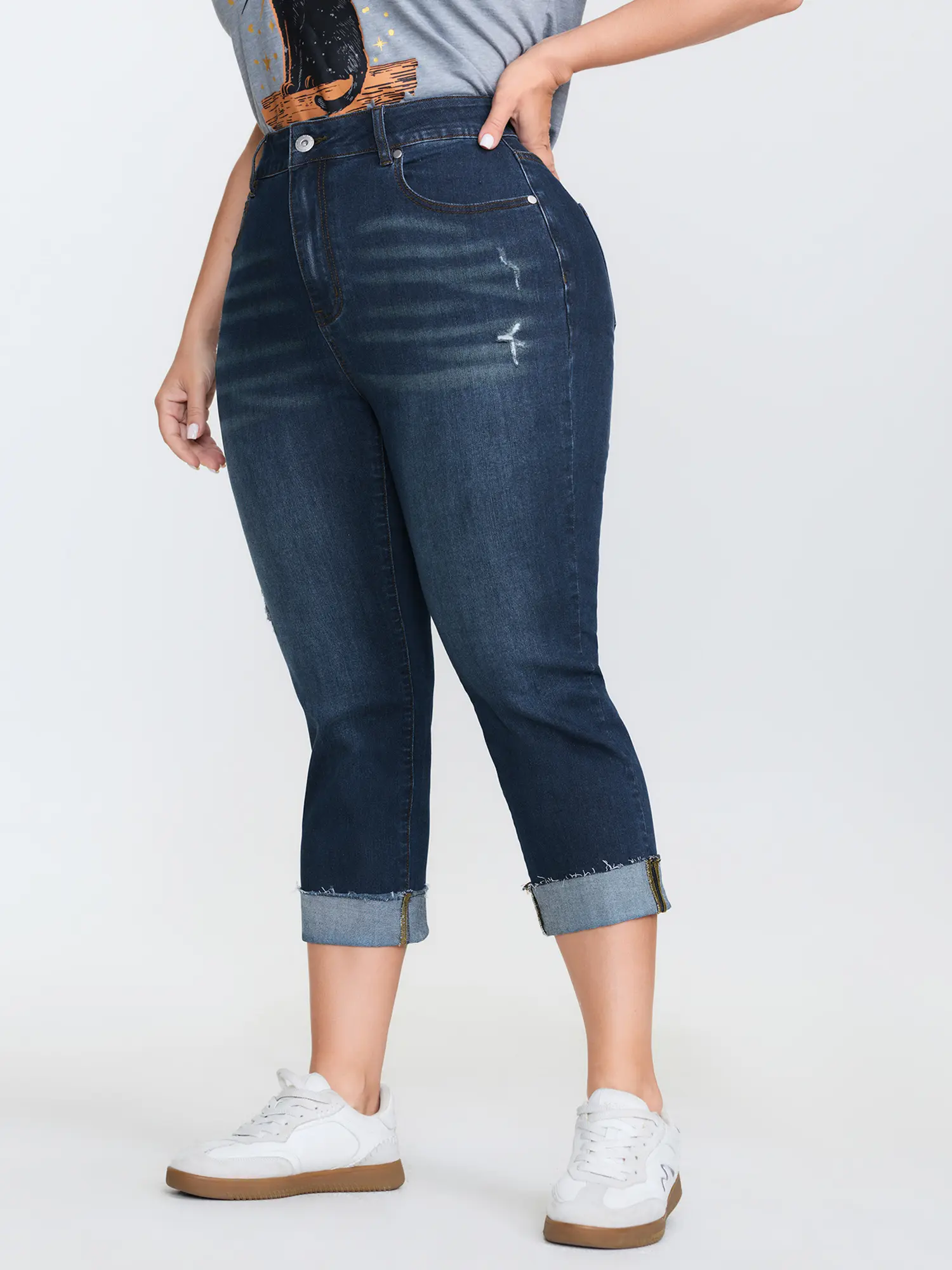 BLOOMCHIC Lady's Plus Size Mid-Waist Stretchy Skinny-Fit BBL Denim Pants, Spandex-Cotton Garment, Basic Minimalist Cropped Pocket Design, Butt-Lifting Turn-Up Style, M-6X, 2026 Spotlight, Plain Plus Size Clothes (Low Iron-Cold Wash-Do Not Tumble Dry)