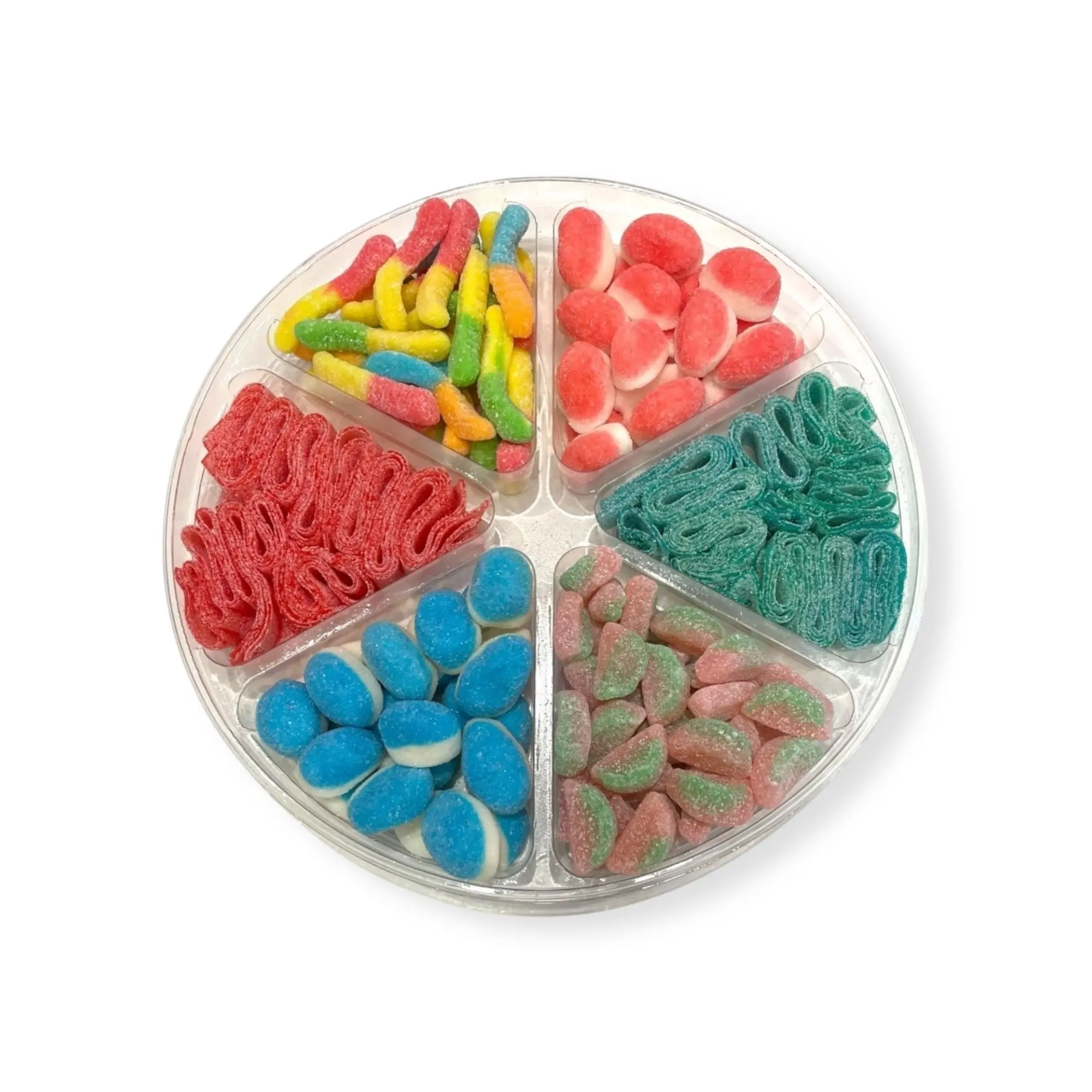 Sour & Sweet Favorites Tray - Green Apple Sour Belts, Strawberry Sour Belts, Blue Raspberry Puffs, Strawberry Puffs,  Sour Gummy Worms, and Fruity Sours - Sweet And Sour Candy Tray Bonbon Snack Sugar Corn Natural Artificial