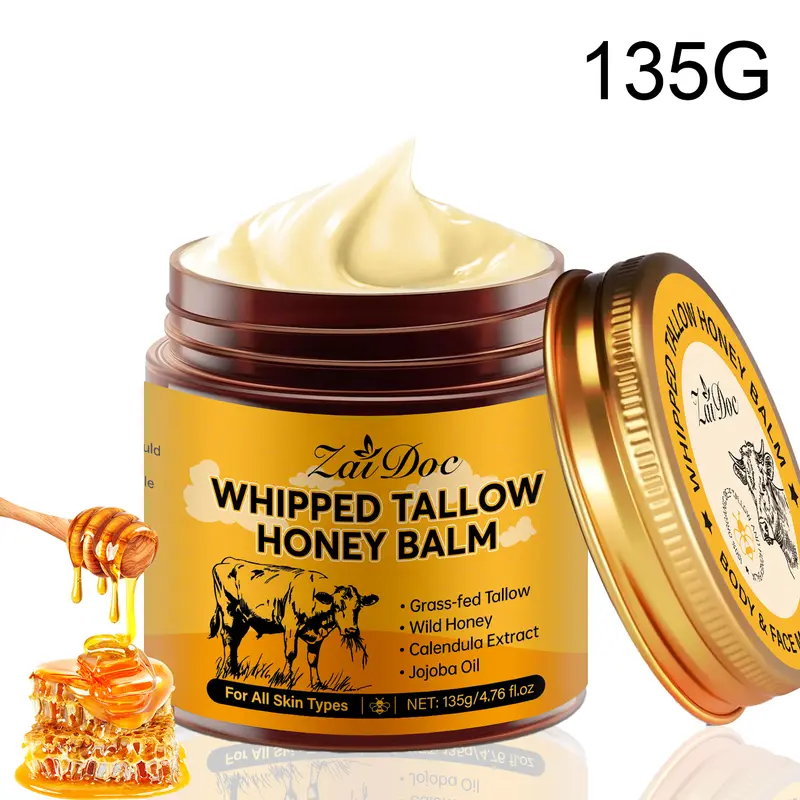 Tallow Honey Body Balm Cream (135G) - Mild Deep Moisture, Nutrient-Rich Formula, Gentle Daily Moisturizer for All Skin Types Adults, 24 Months Shelf Life, Contains Neither Harmful Additives, Honey Body Lotions & Creams