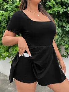 Elegant Plus Size Women's Spring Summer Casual Sporty Daily Wear Solid Color Square Neck Waist Cinching Dress Side Pockets Shorts Set Tennis Attire