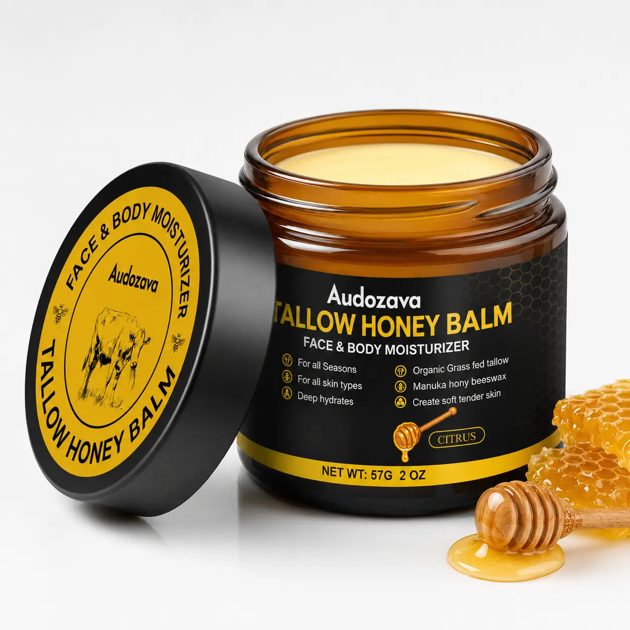 Organic Grass-Fed Tallow Balm with Raw Honey, Gentle Cream Rich in Vitamins to Repair and Restore Skin for a Dewy Glow Hydrating Nourishing
