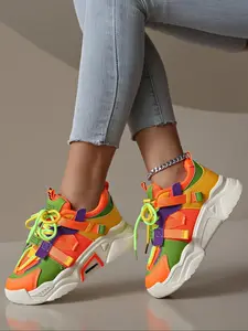 Women's Fashionable Colorblock Lace Up Platform Sneakers, Casual Comfortable Sports Shoes for Daily Wear, Female All-match Round Toe Shoes for Daily Wear, Lightweight Sneakers, Trendy Walking Sneaker