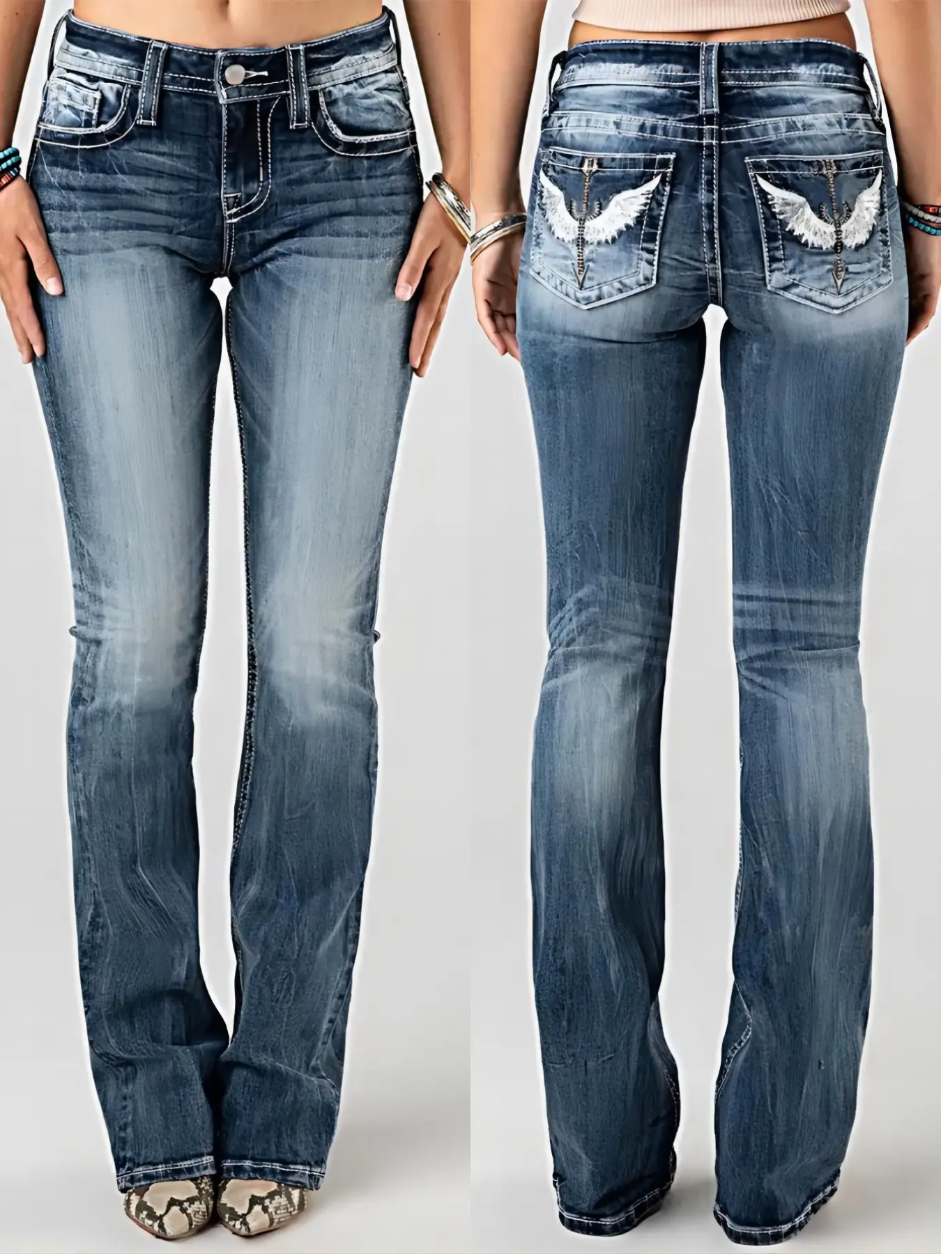 American Vintage Embroidery Back Pocket Micro Flare Women's Jeans, Fitted Elastic Bell Bottom Long Pants, Casual Fashion All-Season Medium Wash Denim Mid Waist