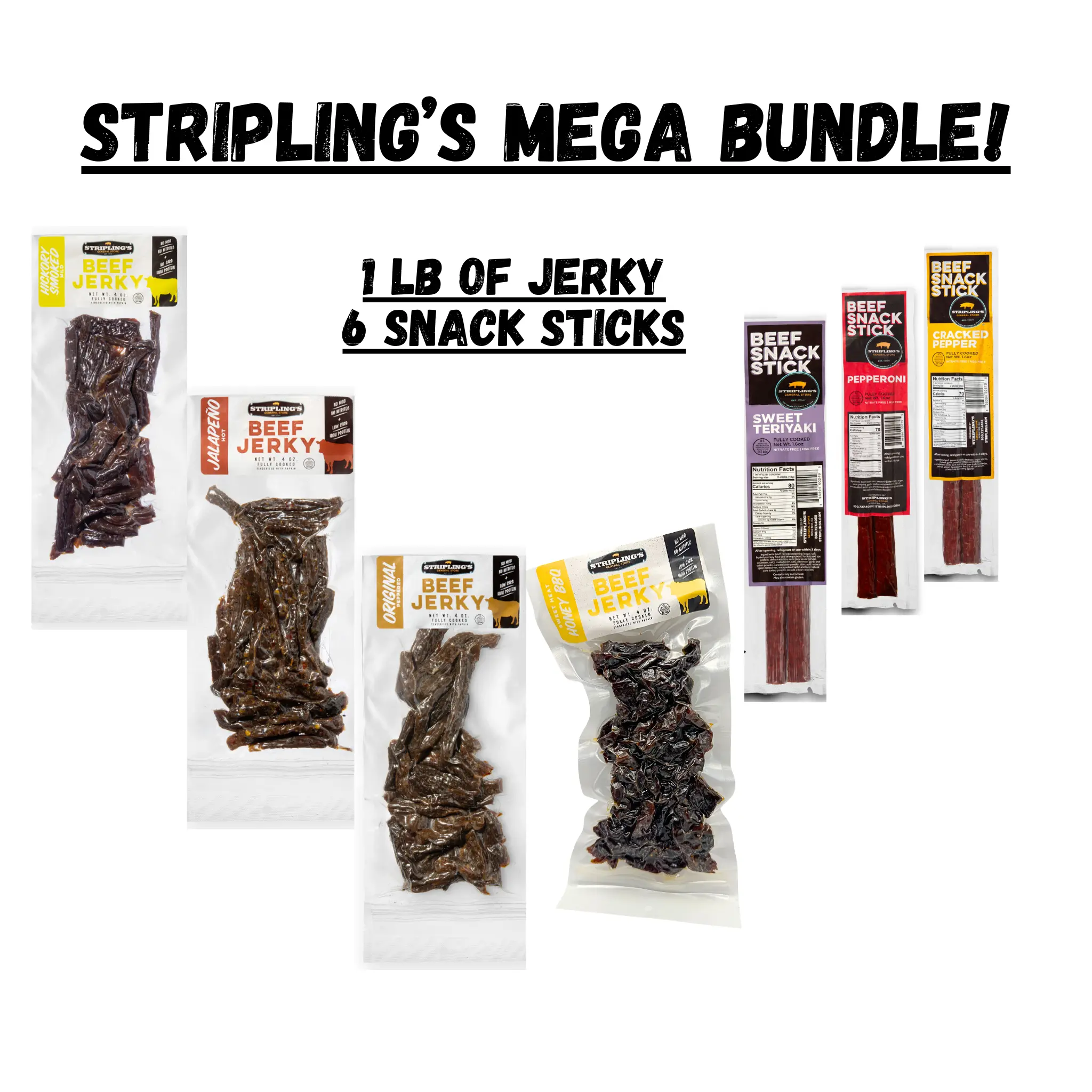 Stripling's Mega Bundle Variety Pack - Hickory Smoked/Peppered/ Jalapeño/Honey BBQ Beef Jerky - Family Owned Premium Beef Jerky Snack Packs - Made in the USA (3-Pack)
